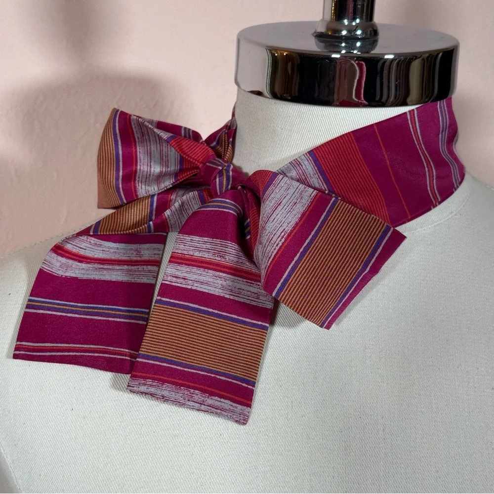 Vintage 1970 80 academia Stripe Magenta Camel Long skinny Bow Neck Scarf Twilly